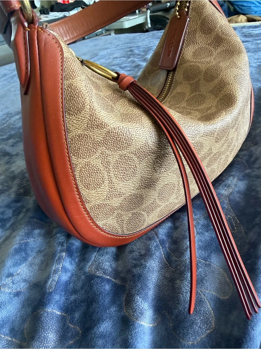 Coach Brown Signature Canvas Hobo with Burnt Orange Leather Trim